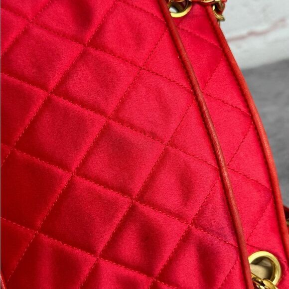Chanel Red Satin Quilted Chain Shopper Tote Bag - Picture 8 of 16